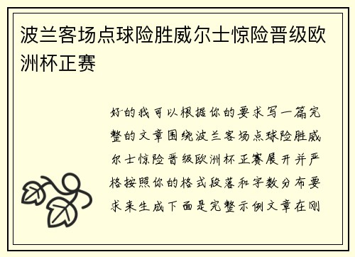 波兰客场点球险胜威尔士惊险晋级欧洲杯正赛 波兰客场点球险胜威尔士惊险晋级欧洲杯正赛